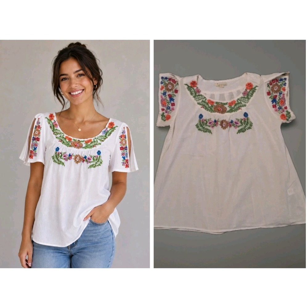 twentyone Cottagecore 100% Cotton Embroidered Peasant Gypsy Top Size Large L